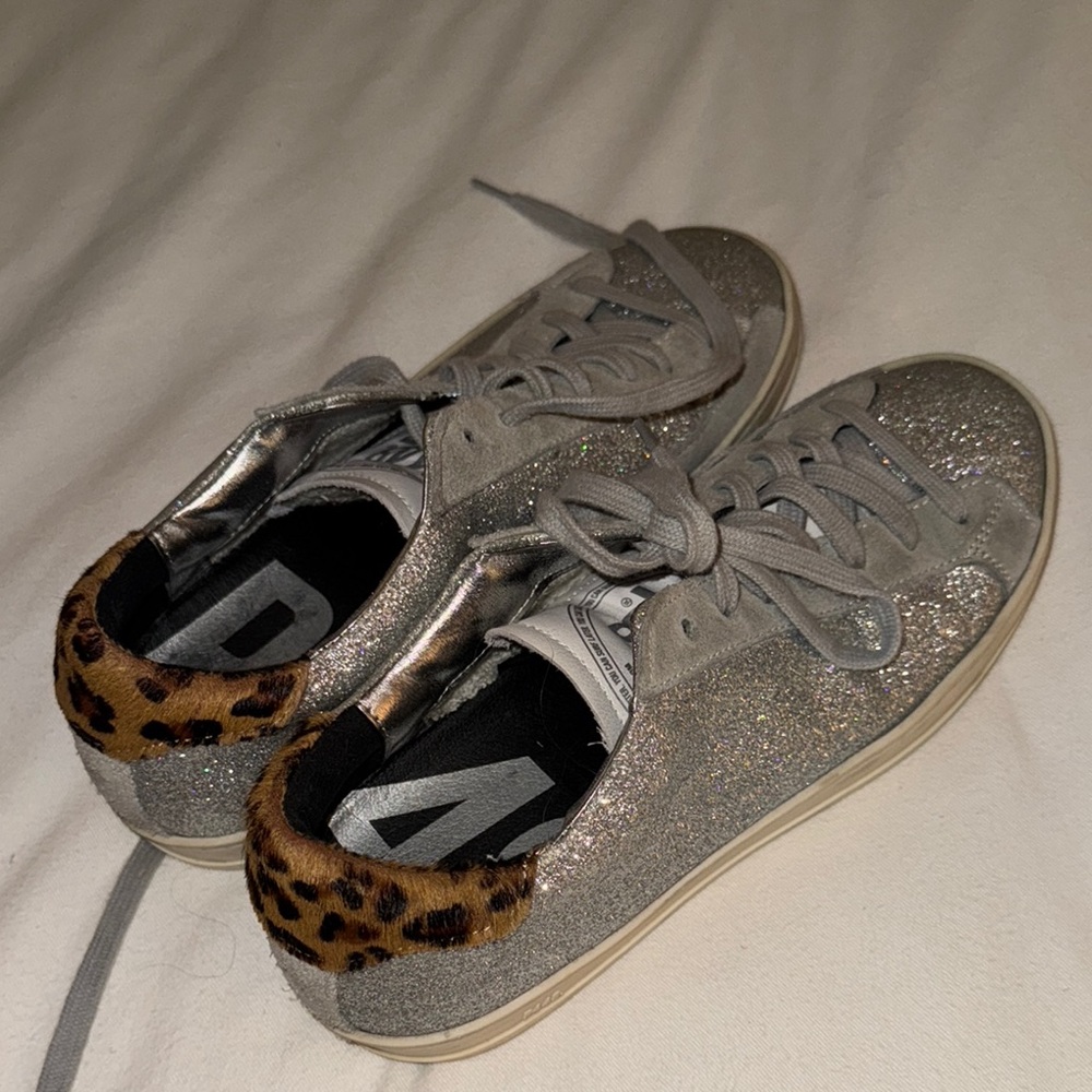 P448 Silver Glitter Sneakers with Leopard Accent